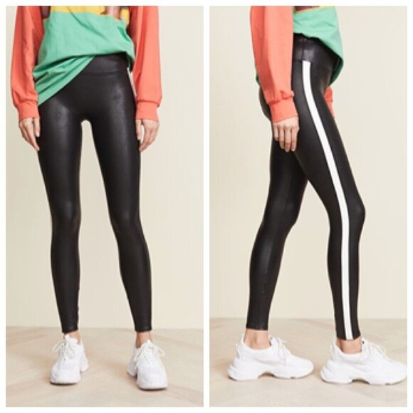 Spanx Faux Leather Black White Side Stripe Pull On Leggings Womens Size Small - Picture 1 of 12